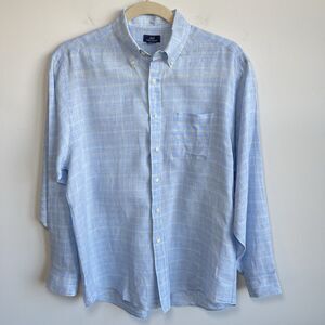 346 Brooks Brothers Mens 100% Linen Button Down Shirt Dusty Blue Plaid L Preppy